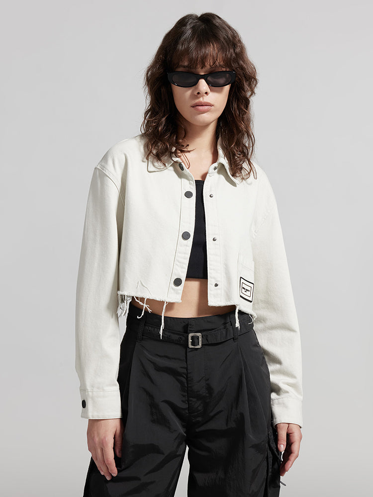 Cropped Lapel White Denim Shirt