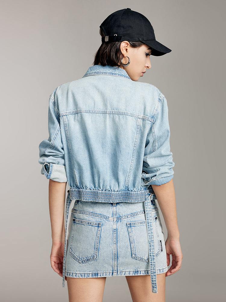 Vintage Cargo Style Denim Shirt With Ribbon