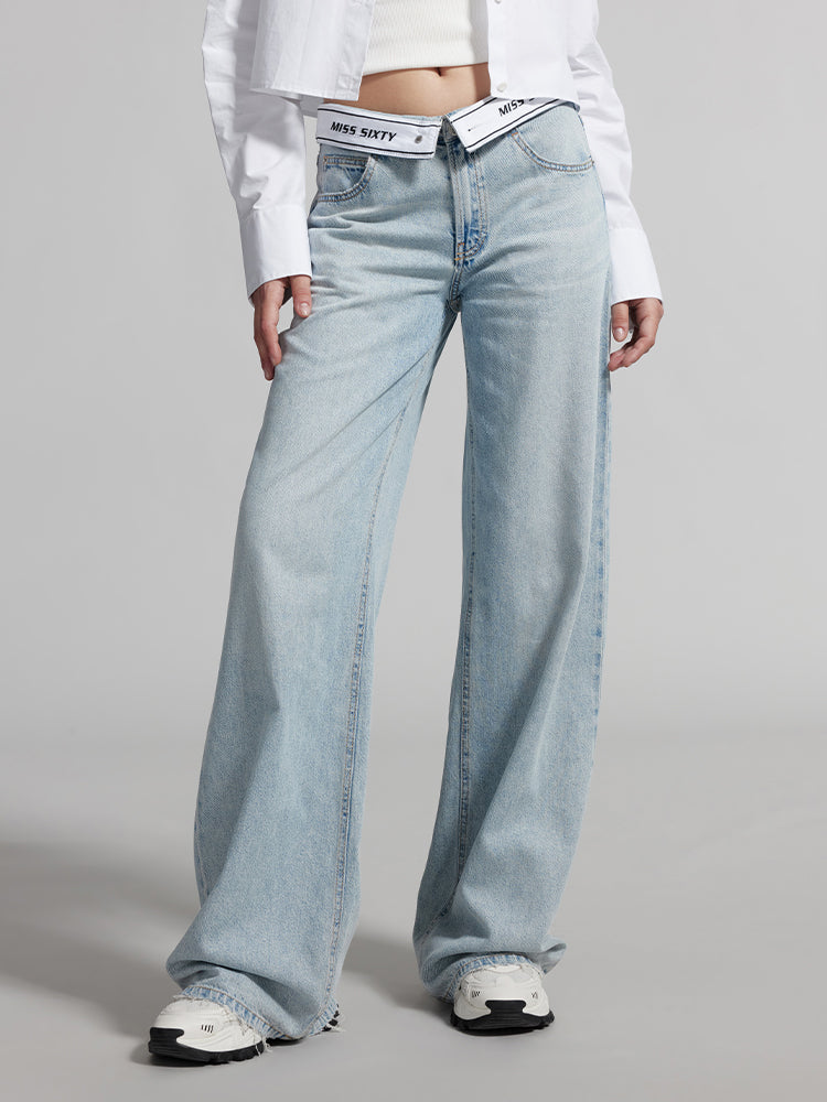 Denim Jeans With Foldover Waist