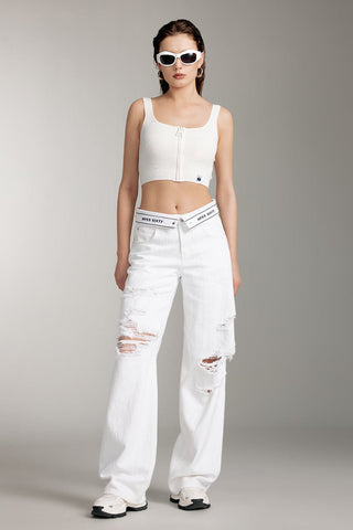White Folded Waist Ripped Jeans