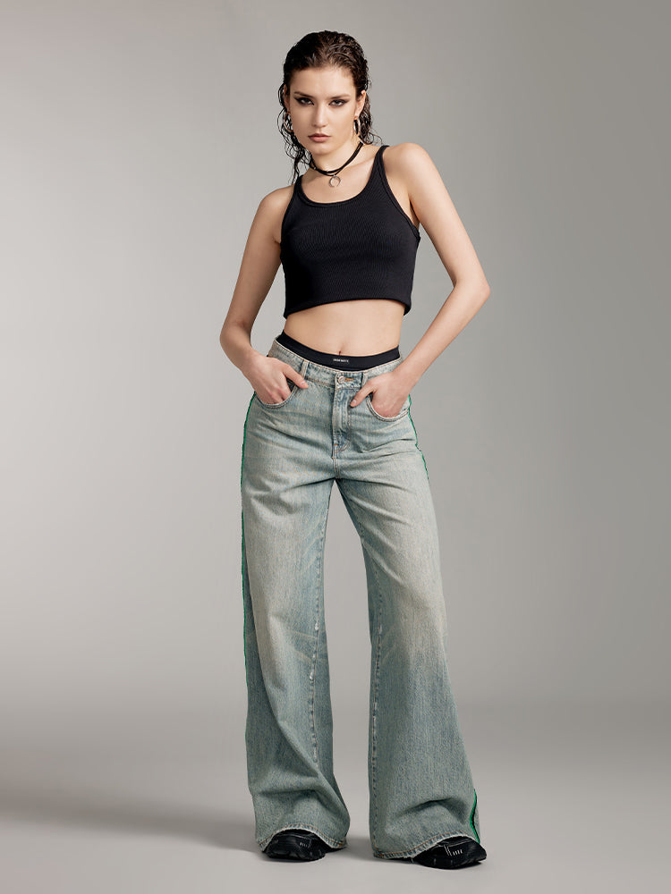 Paneled Waist Colour Contrast Wide Leg Jeans