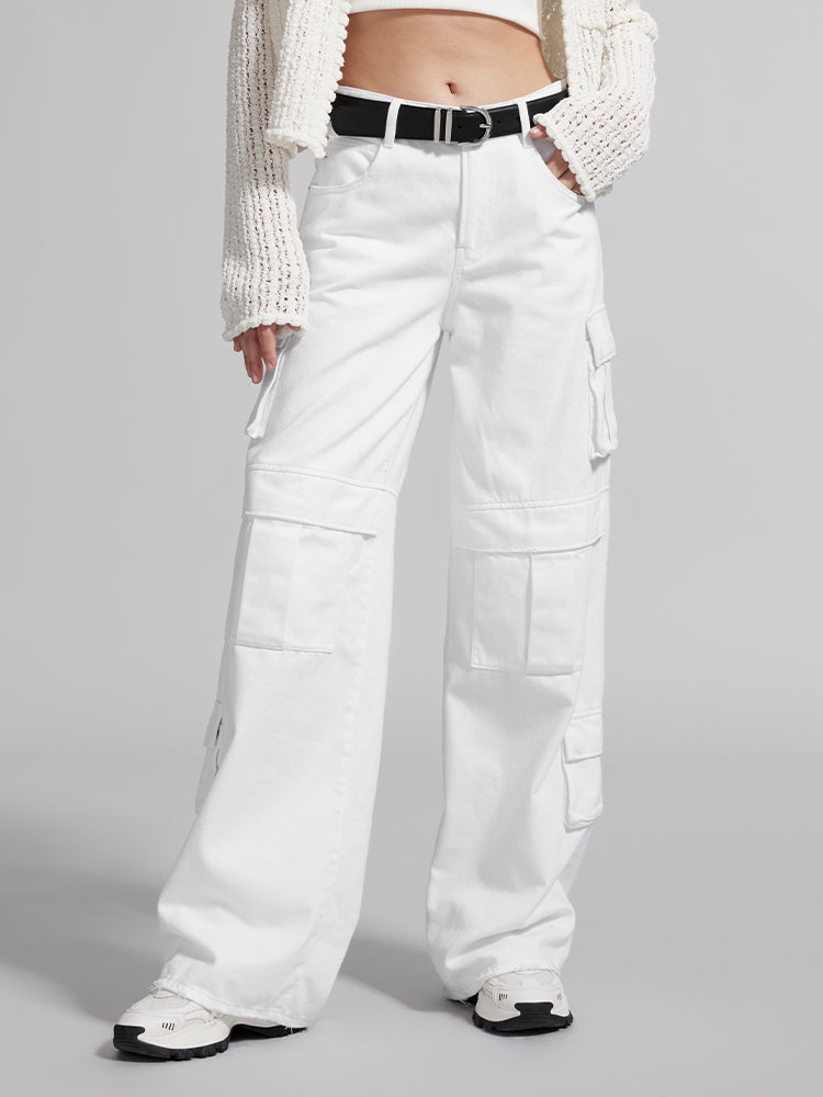 White Cargo Style Straight Jeans