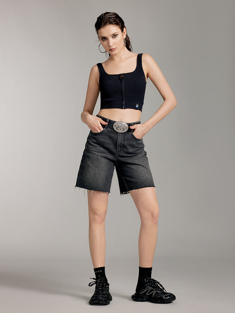 Black High-Waist Ripped Denim Shorts