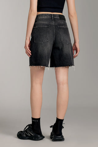 Black High-Waist Ripped Denim Shorts