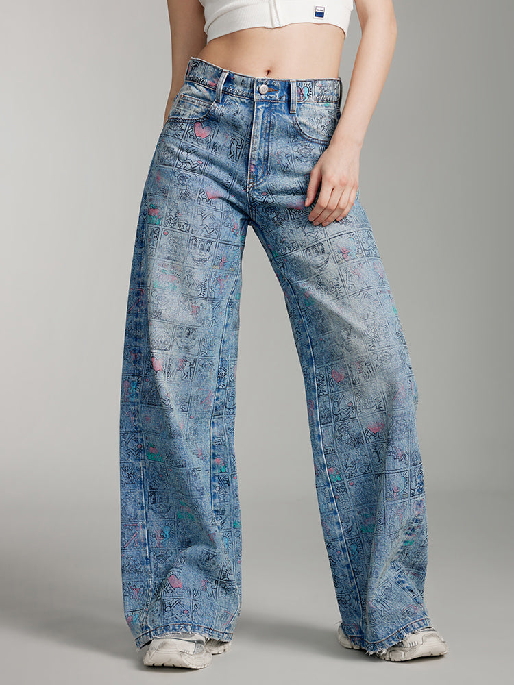 Miss Sixty x Keith Haring Capsule Collection Wide Leg Denim Pant With Print