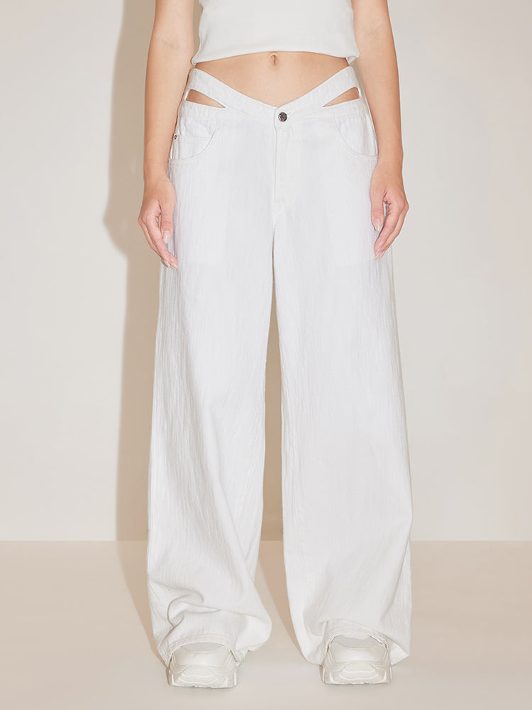 Cut Out White Wide Leg Jeans