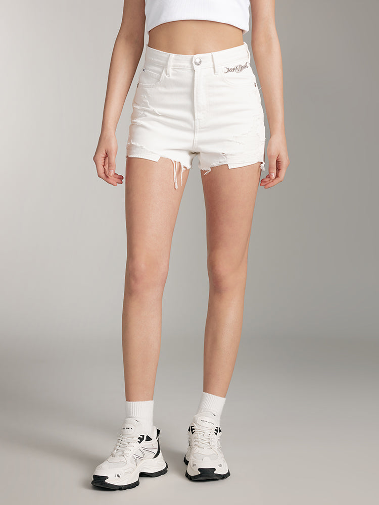 White Ripped Denim Shorts With Chain-Embellished