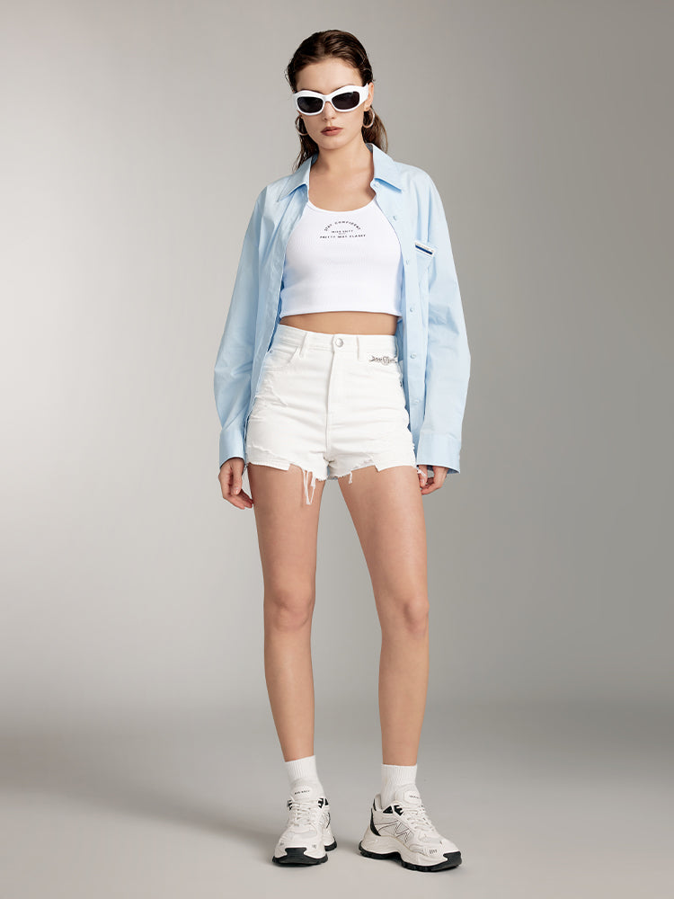 White Ripped Denim Shorts With Chain-Embellished