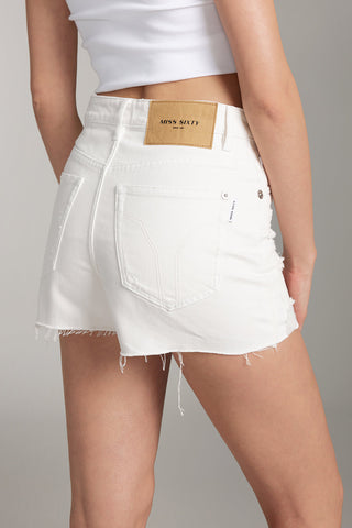 White Ripped Denim Shorts With Chain-Embellished