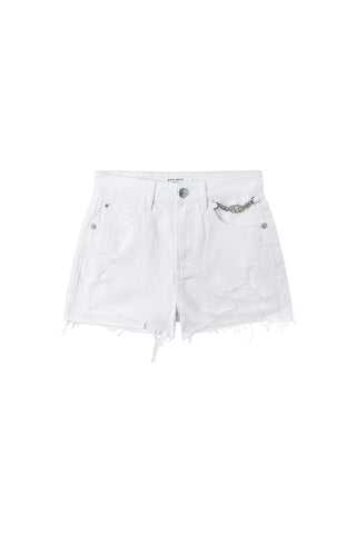 White Ripped Denim Shorts With Chain-Embellished