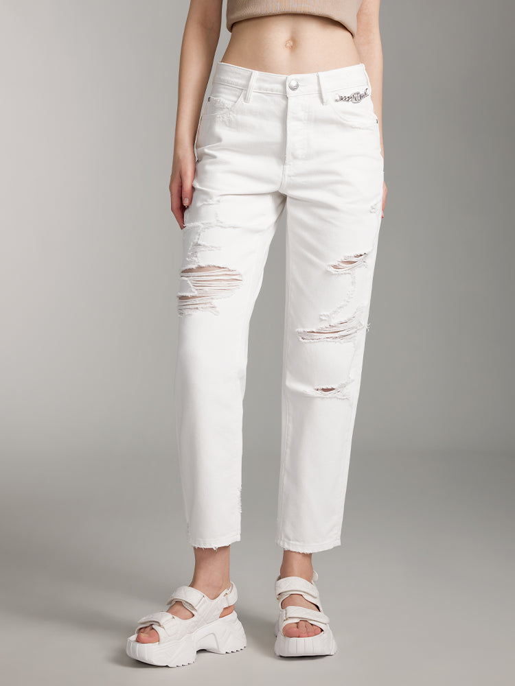 Ripped White Straight Trouser With Crystal Chain