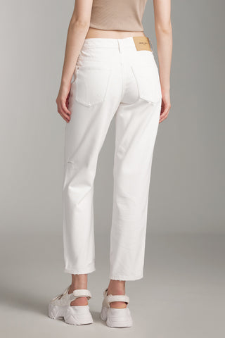 Ripped White Straight Trouser With Crystal Chain
