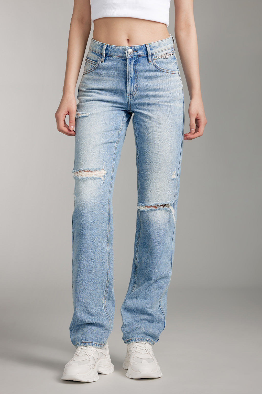 Ripped Straight Pants With Crystal Chain – MISS SIXTY