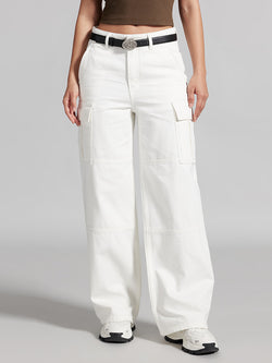 White Cargo Style Straight Jeans