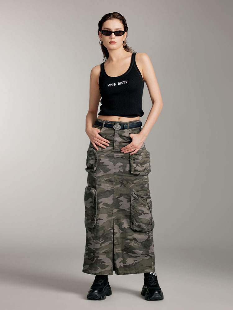 Camouflage Print Slit Straight Skirt