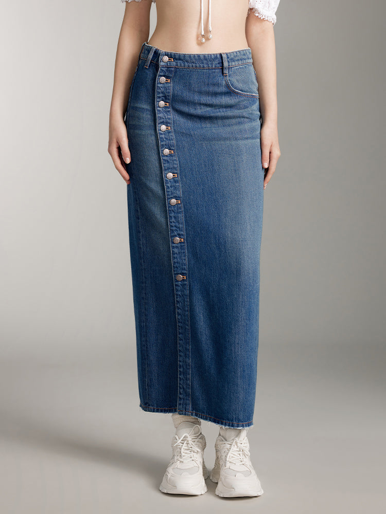 Denim Maxi Skirt With Button