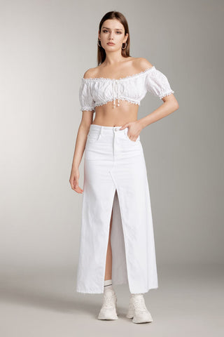 Vintage White Slit Denim Maxi Skirt