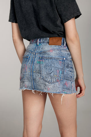Miss Sixty x Keith Haring Capsule Collection Full Print Denim Mini Skirt