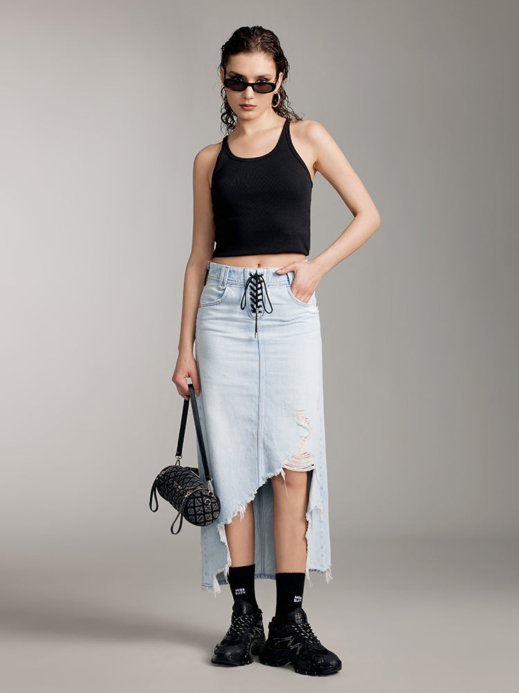 Denim Long Skirt With Asymmetrical Hem