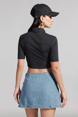 Mock Turtleneck Cropped T-Shirt With Zipper