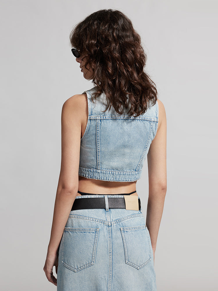 V-Neck Sleeveless Cropped Denim Vest