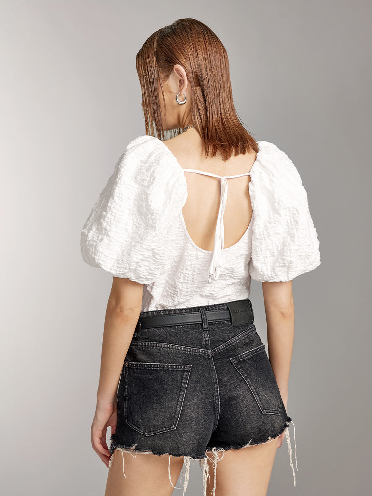 Square Collar Lace-Up Lantern Shape Sleeve Shirt