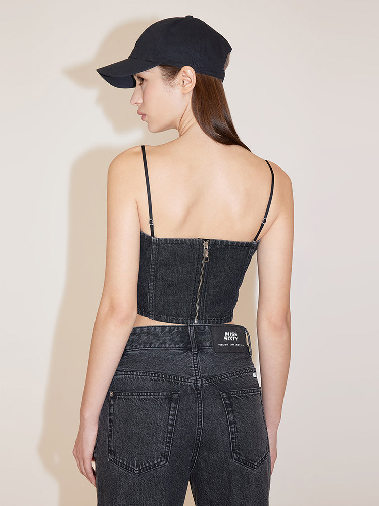 Retro Denim Top With Detachable Straps