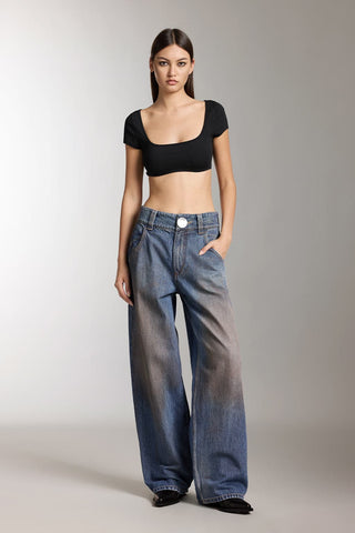 Vintage Washed Distressed Wide-Leg Jeans