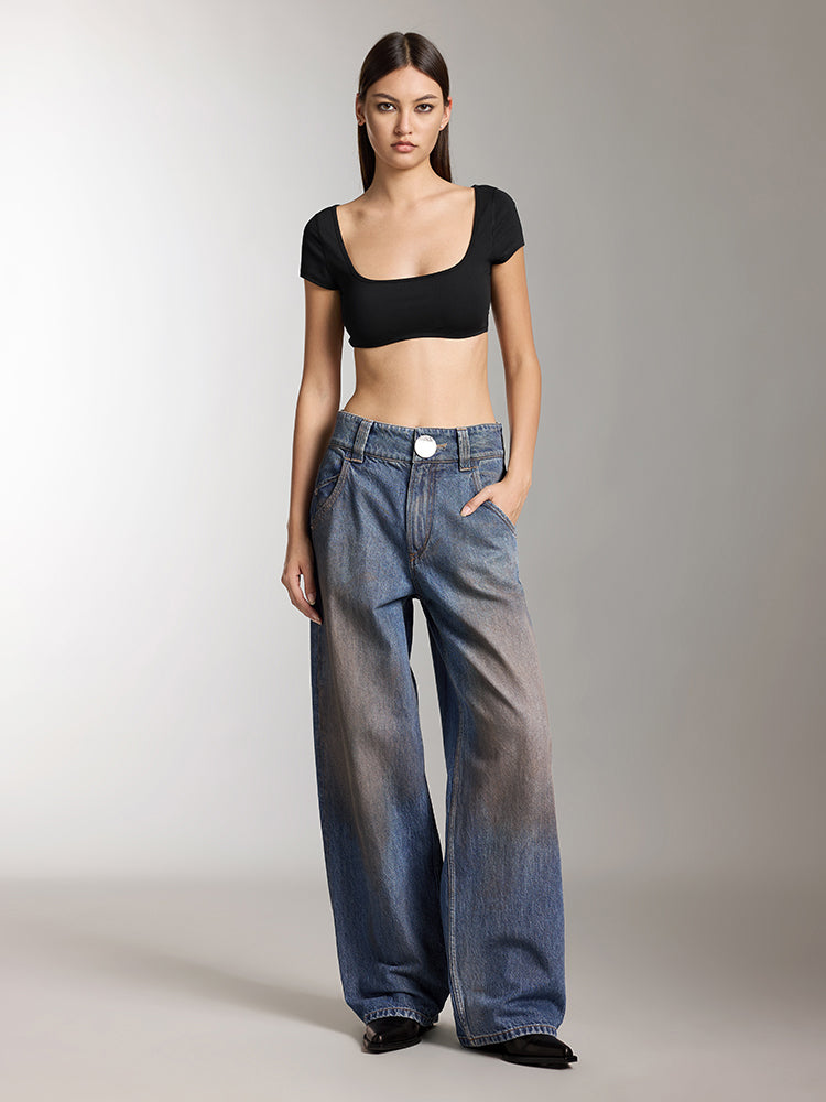 Vintage Washed Distressed Wide-Leg Jeans