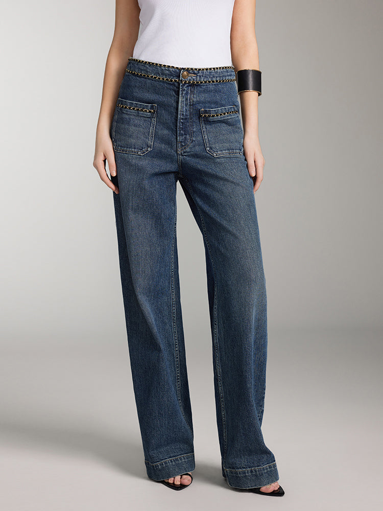 Vintage Straight Fit Jeans With Chain