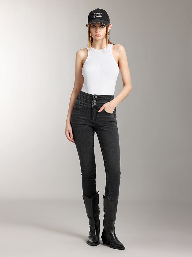 High Waisted Dark Washed Brushed Jeans