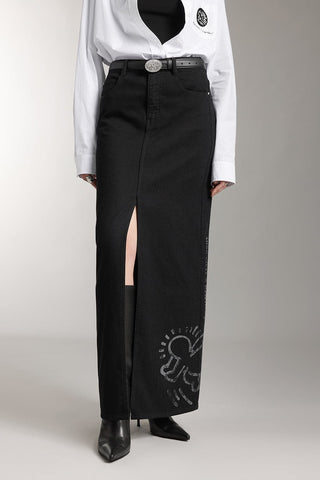 Miss Sixty X Keith Haring Capsule Collection Vintage Black And Gray Denim Maxi Skirt