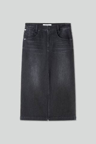 Front Slit Denim Maxi Skirt In Black