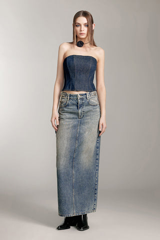 Vintage Slit Denim Maxi Skirt