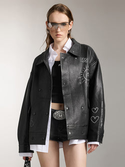 Miss Sixty X Keith Haring Capsule Collection Black Biker Leather Jacket With Printed