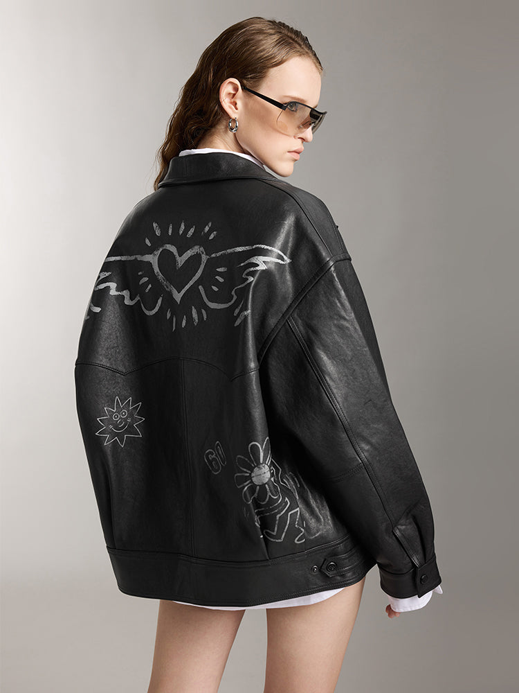 Miss Sixty X Keith Haring Capsule Collection Black Biker Leather Jacket With Printed