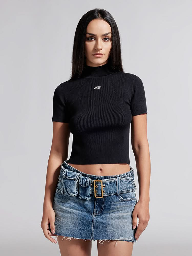 Mock Turtleneck Embroidered Knit Top