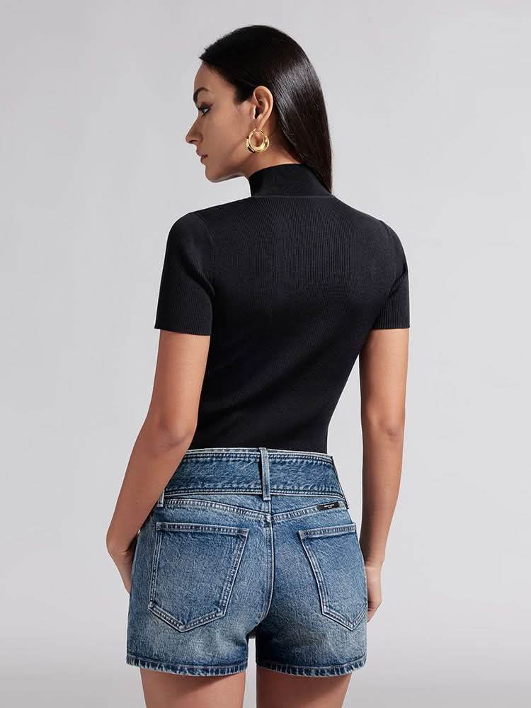 Mock Turtleneck Embroidered Knit Top