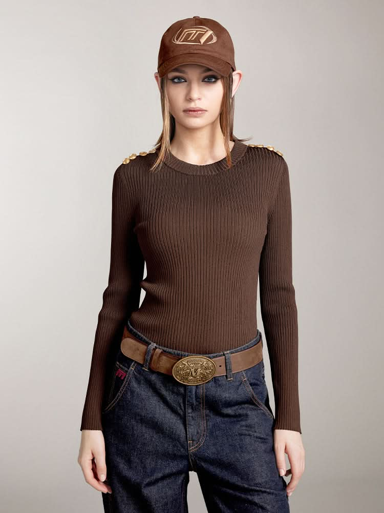 Crew Neck Knit Top With Vintage Buttons