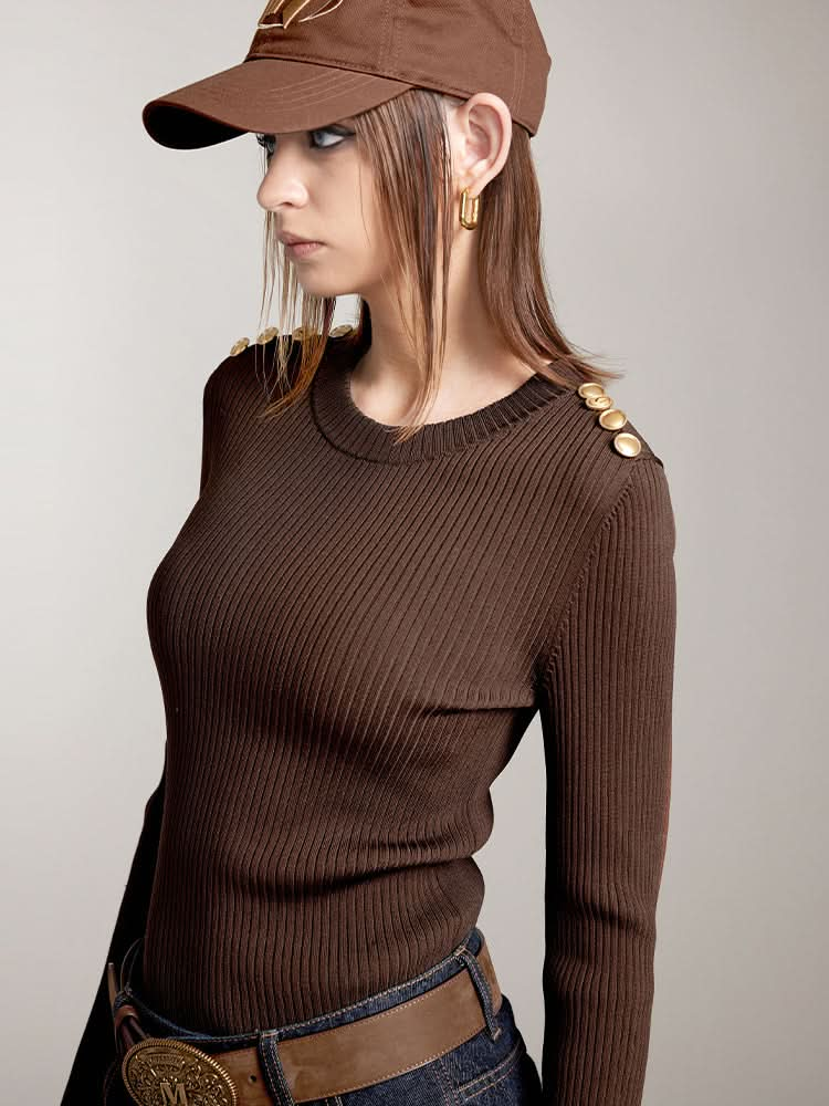 Crew Neck Knit Top With Vintage Buttons