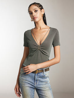 V-Neck Cropped Top With Metal Buttons