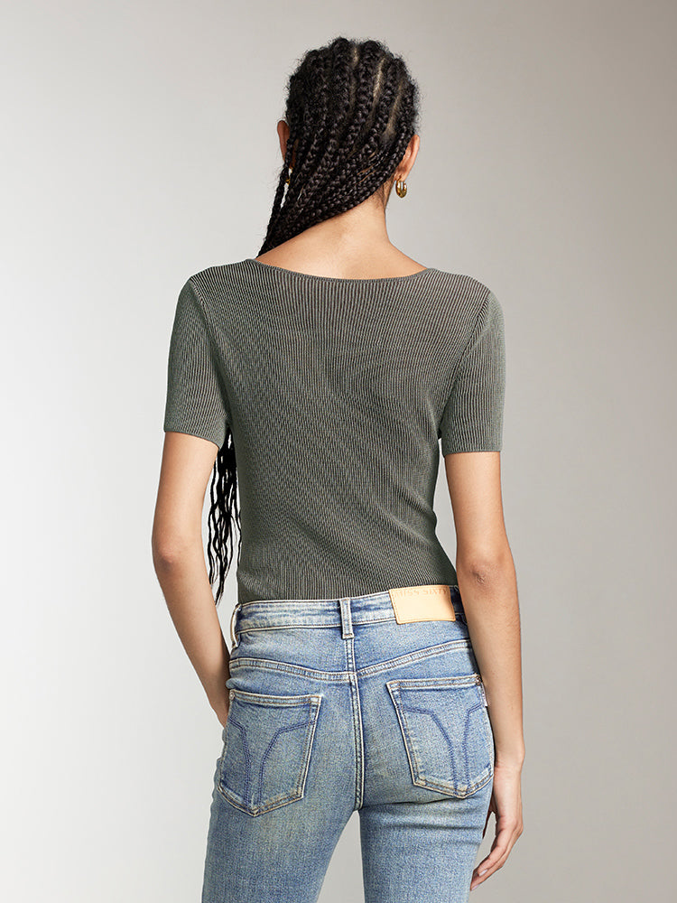 V-Neck Cropped Top With Metal Buttons