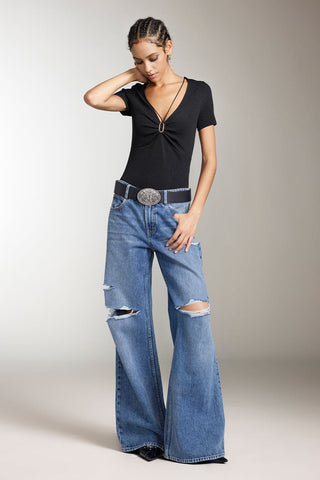 V-Neck Cropped Top With Metal Buttons