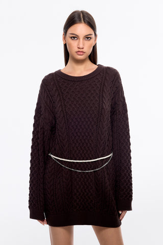 Crew Neck Knit Top With Pearl Waist Chain