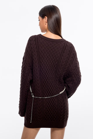 Crew Neck Knit Top With Pearl Waist Chain