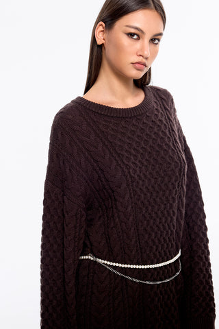 Crew Neck Knit Top With Pearl Waist Chain