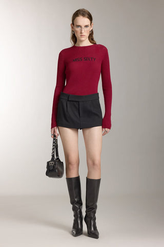 Crew Neck Wool Knit Top With Logo