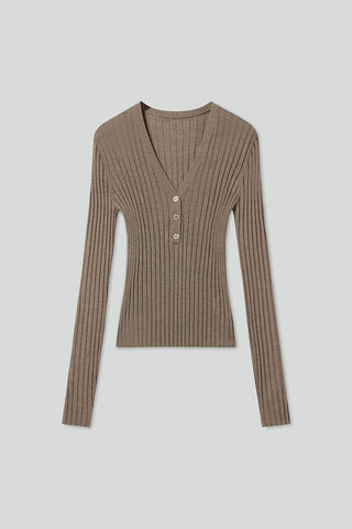 V-Neck Wool Knit Top With Crystal Buttons