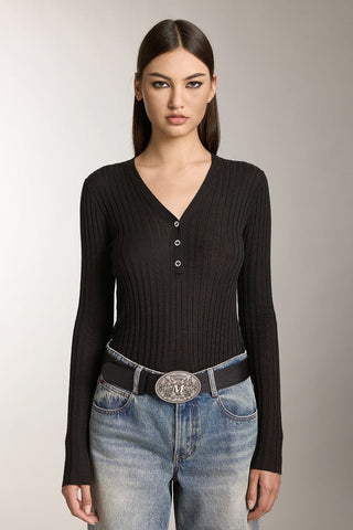 V-Neck Wool Knit Top With Crystal Buttons