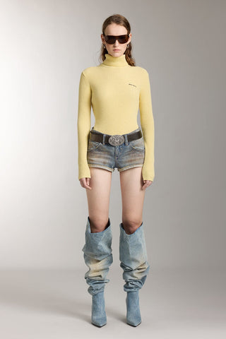 Turtleneck Wool Knit Top With Embroidered